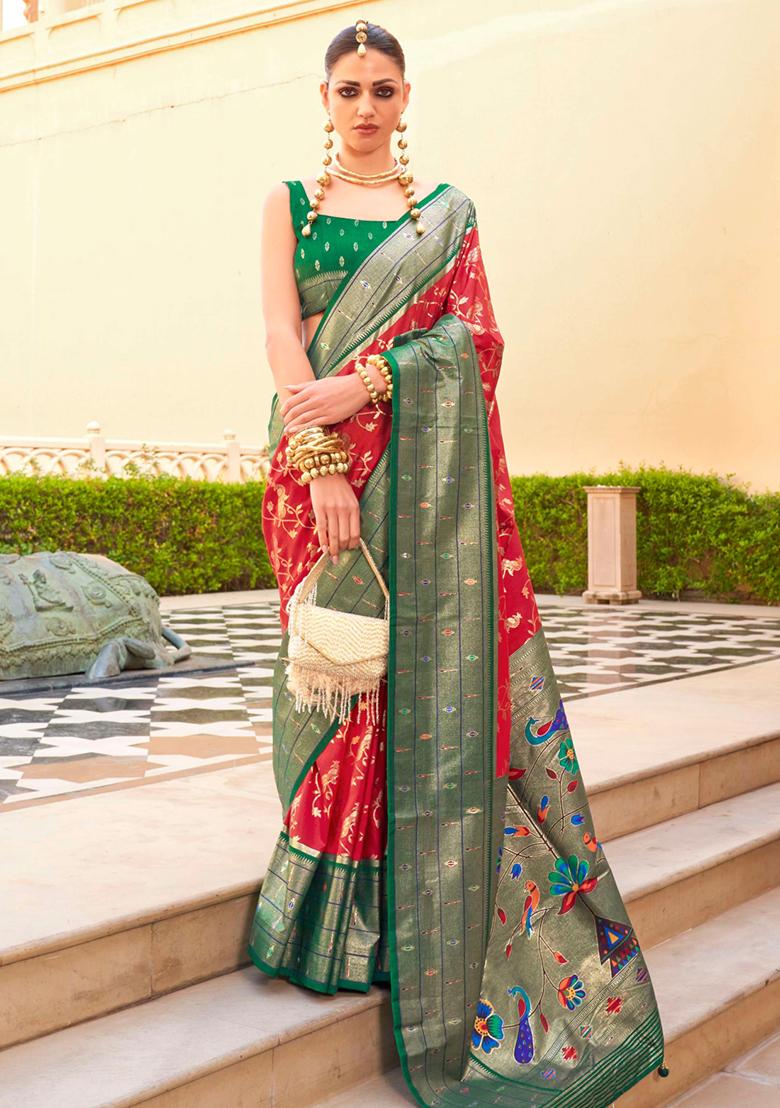 Red And Green Woven Printed Polyester Viscose Silk Saree Set