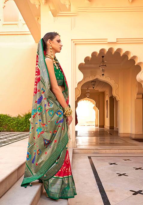 Red And Green Woven Printed Polyester Viscose Silk Saree Set