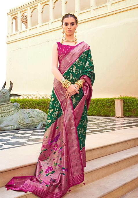 Pink And Green Woven Printed Polyester Viscose Silk Saree Set