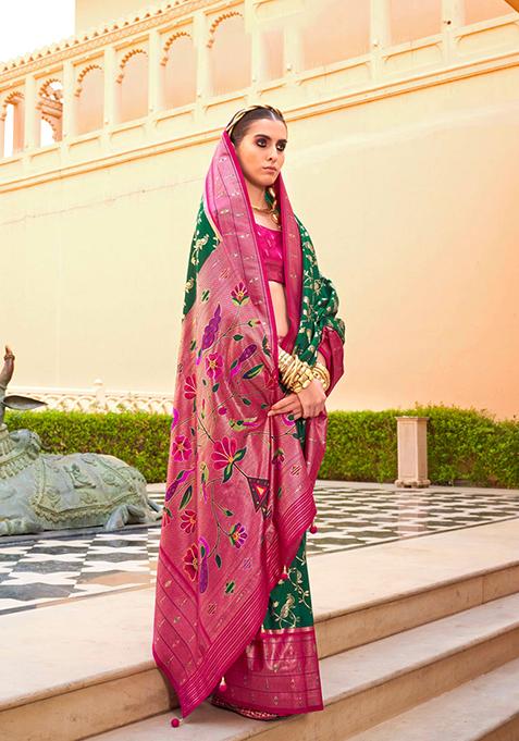 Pink And Green Woven Printed Polyester Viscose Silk Saree Set