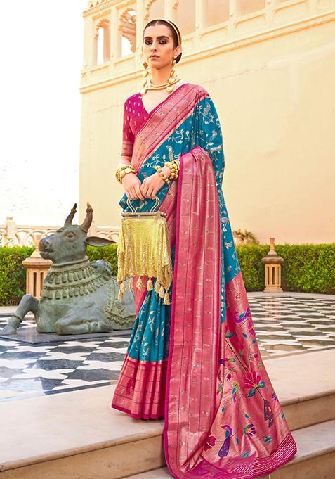 Sky Blue And Pink Woven Printed Polyester Viscose Silk Saree Set