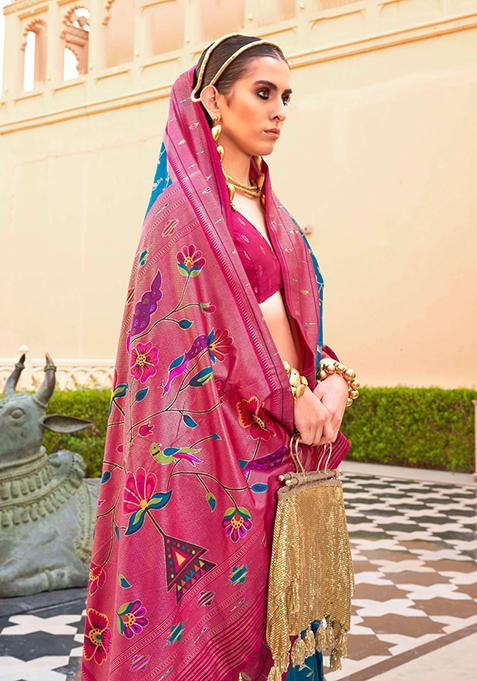 Sky Blue And Pink Woven Printed Polyester Viscose Silk Saree Set