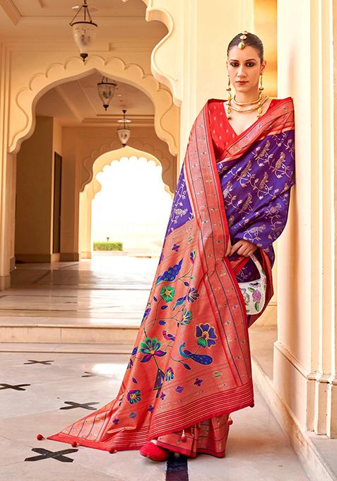 Pink And Navy Blue Woven Printed Polyester Viscose Silk Saree Set