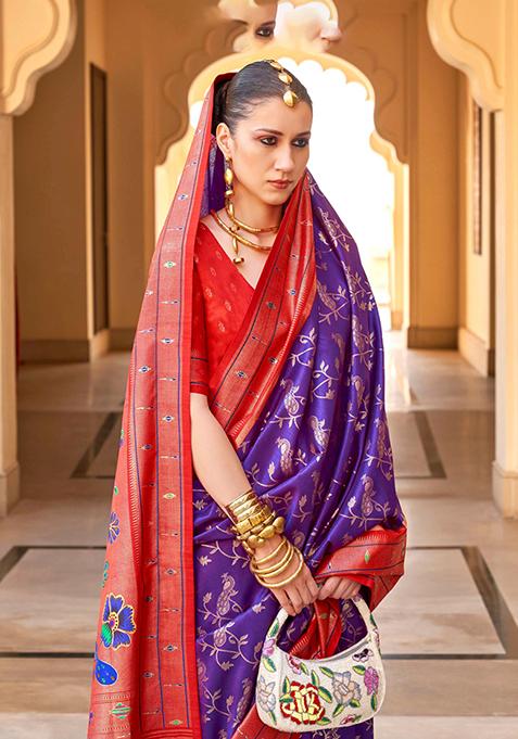 Pink And Navy Blue Woven Printed Polyester Viscose Silk Saree Set