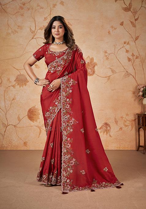 Red Embroidered Uppada Silk Saree Set