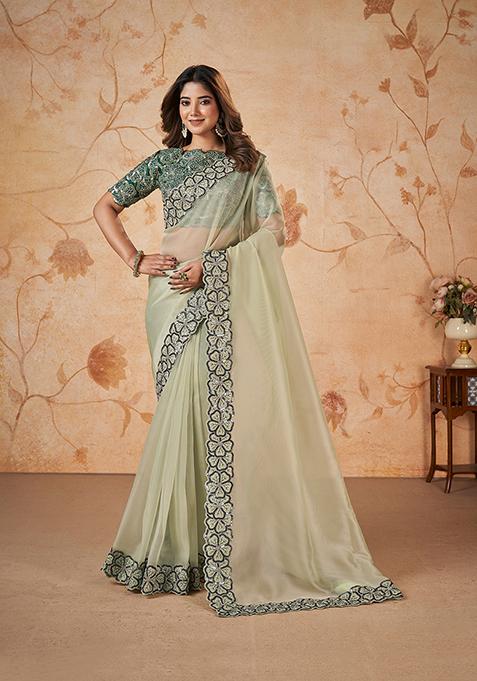 Cream Embroidered Net Organza Georgette Saree Set