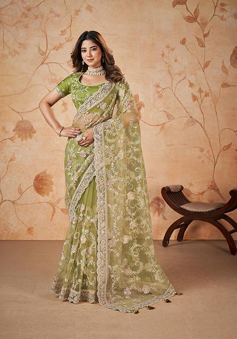 Parrot Embroidered Net Saree Set