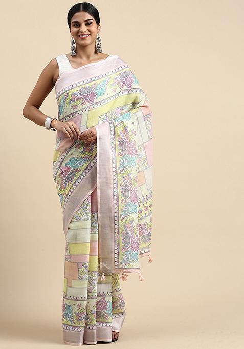 Peach Zari Woven Linen Saree Set