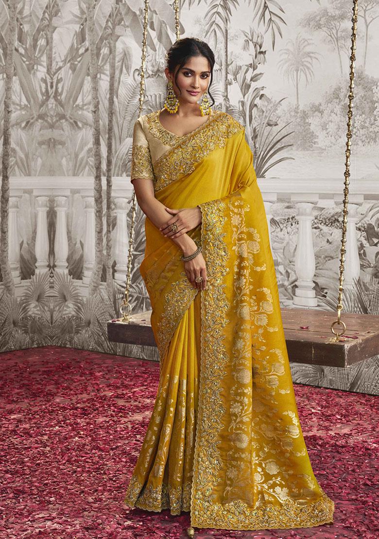 Yellow Embroidered Dola Viscose Silk Saree Set