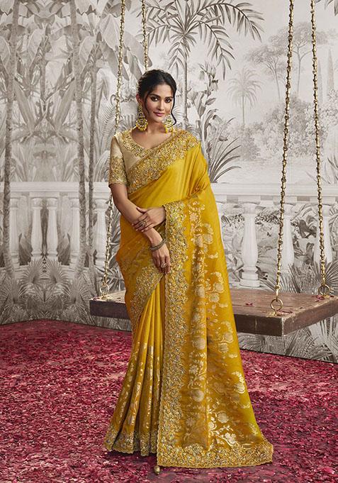 Yellow Embroidered Dola Viscose Silk Saree Set