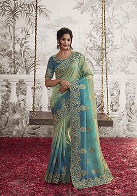 Sky Blue And Sea Green Embroidered Dola Viscose Silk Saree Set