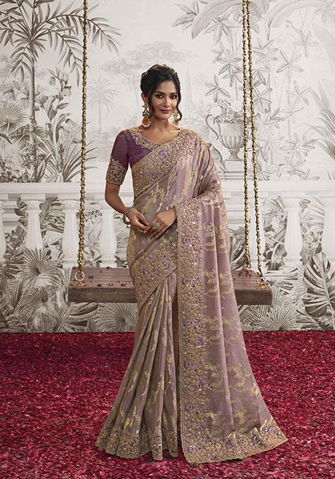 Dusty Purple Embroidered Dola Viscose Silk Saree Set