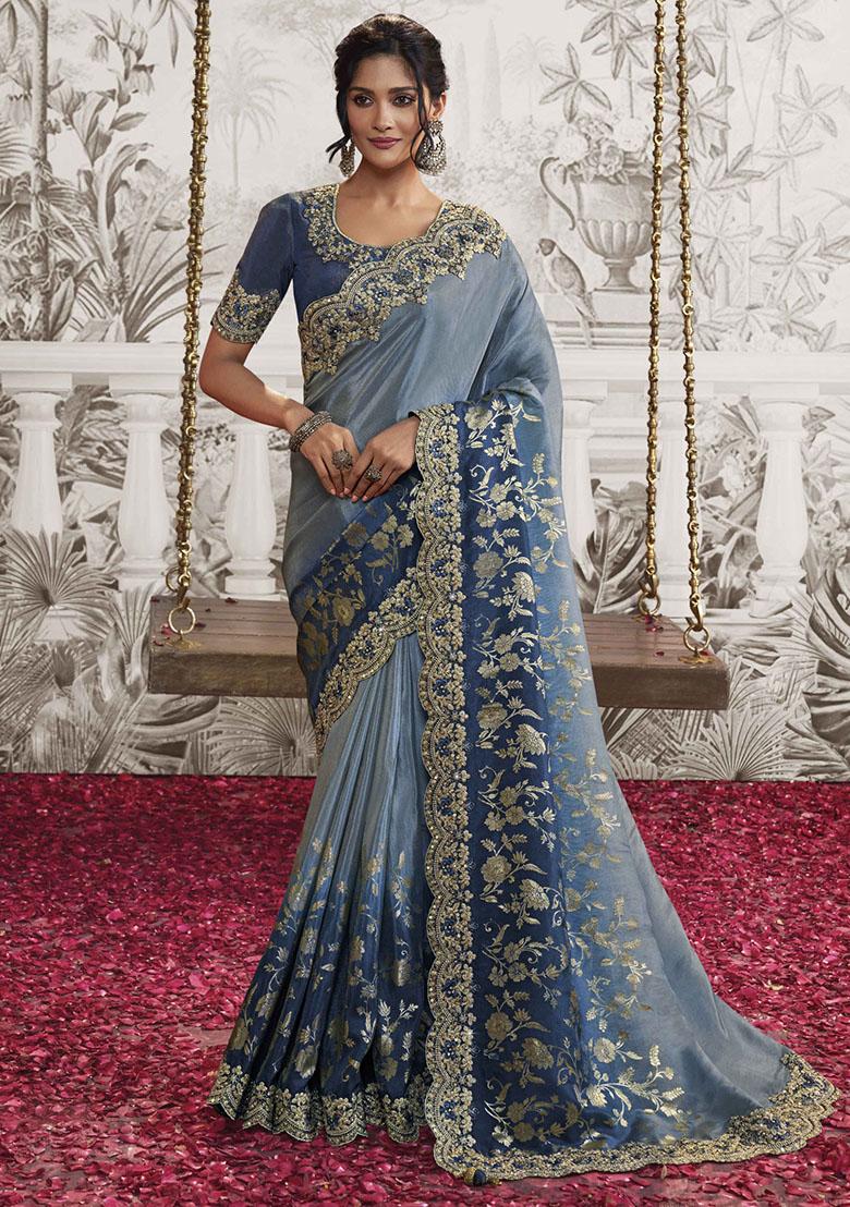 Royal Blue Embroidered Dola Viscose Silk Saree Set