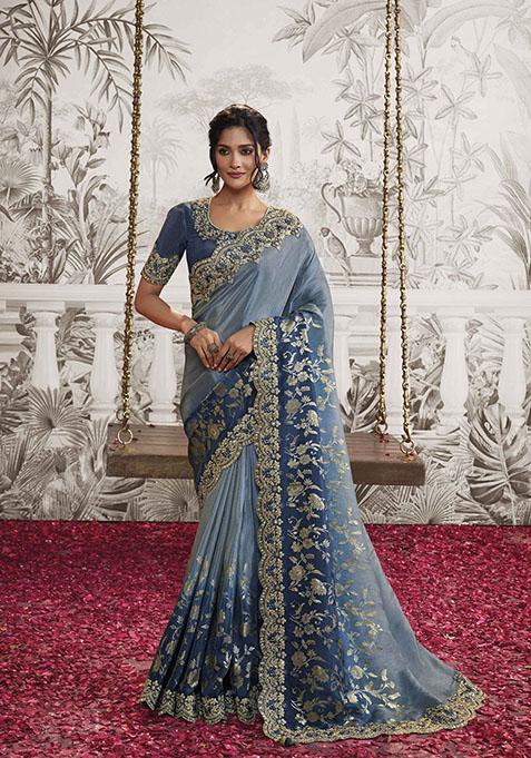 Royal Blue Embroidered Dola Viscose Silk Saree Set