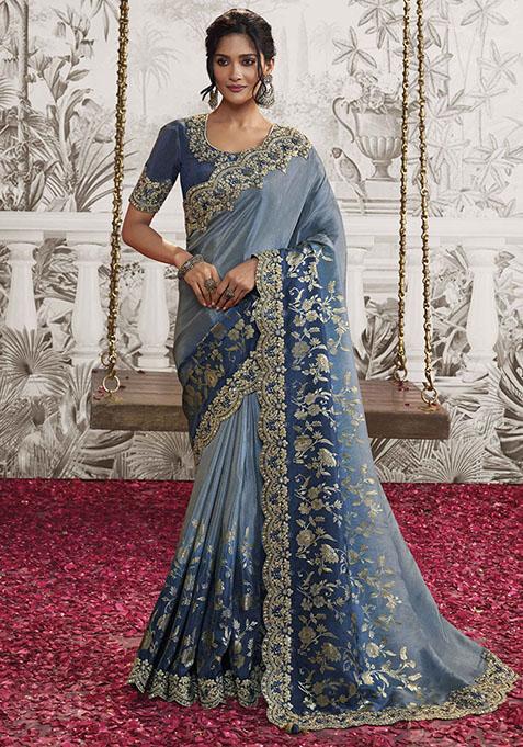 Royal Blue Embroidered Dola Viscose Silk Saree Set