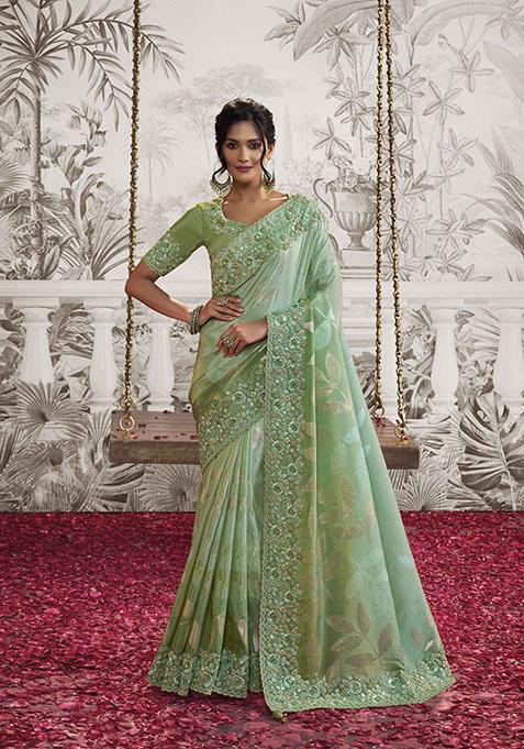 Sea Green Embroidered Dola Viscose Silk Saree Set