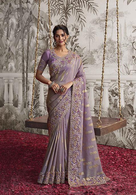 Dusty Lavender Embroidered Dola Viscose Silk Saree Set