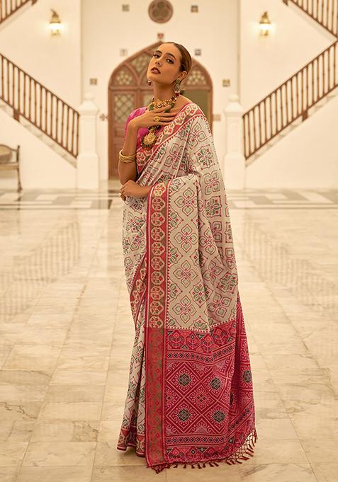 White And Pink Patola Woven Banarasi Silk Saree Set