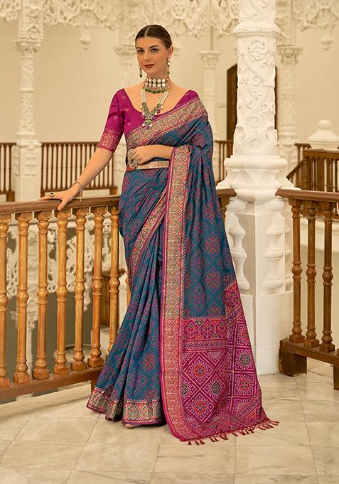 Royal Blue And Pink Patola Woven Banarasi Silk Saree Set