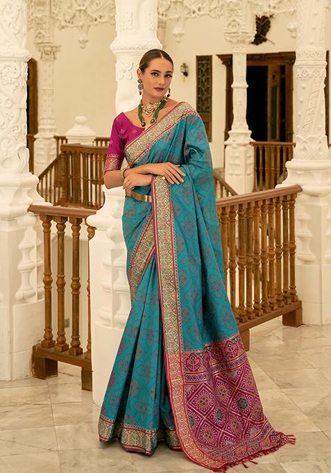 Sky Blue And Pink Patola Woven Banarasi Silk Saree Set