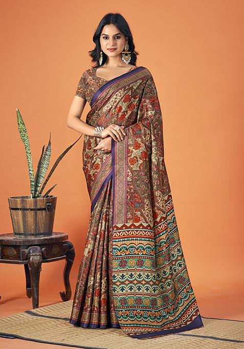 Multicolour Printed Pashmina Saree Set