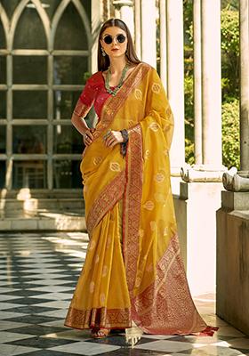 Yellow Woven Tissue Silk Saree Set