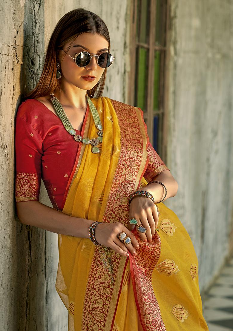 Yellow Woven Tissue Silk Saree Set
