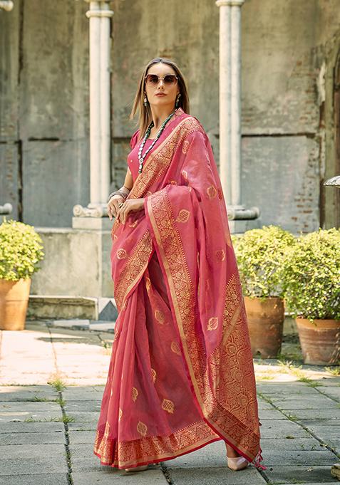 Peach Woven Tissue Silk Saree Set