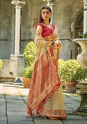 Cream Woven Tissue Silk Saree Set