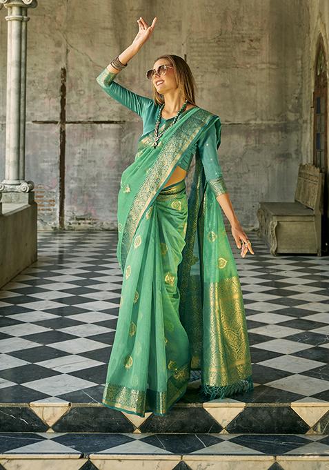 Mint Green Woven Tissue Silk Saree Set