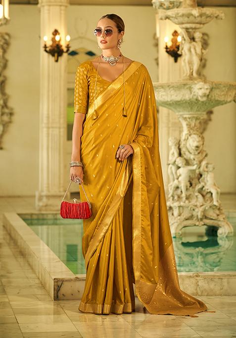 Golden Yellow Zari Woven Satin Silk Saree Set