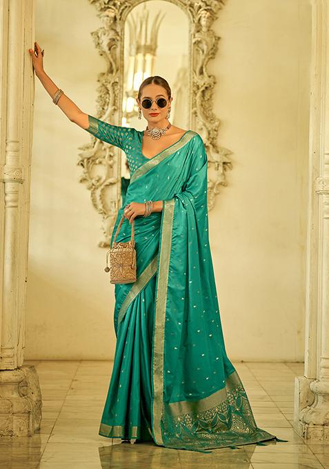 Sea Green Zari Woven Satin Silk Saree Set