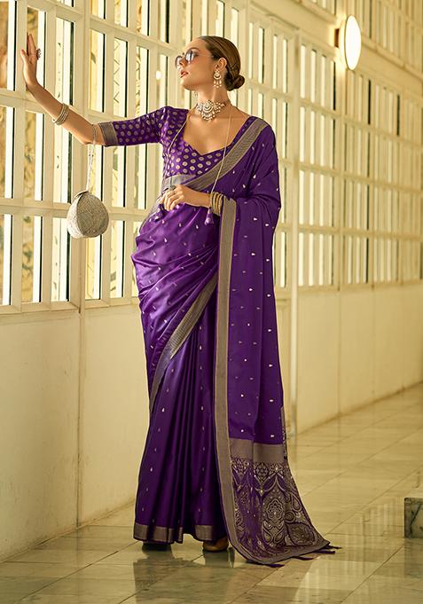 Purple Zari Woven Satin Silk Saree Set