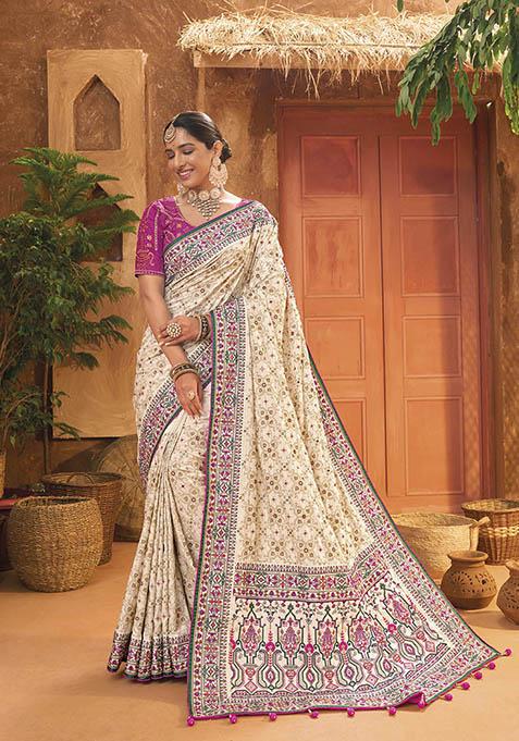 Cream Woven Banarasi Silk Saree Set