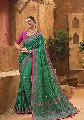 Green Woven Banarasi Silk Saree Set
