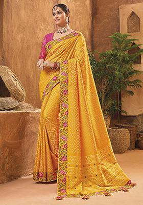 Mustard Yellow Woven Banarasi Silk Saree Set