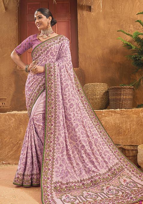 Baby Pink Woven Banarasi Silk Saree Set