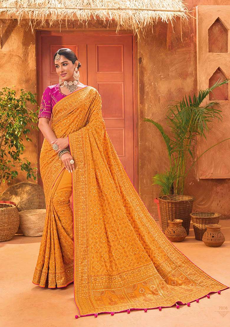 Mustard Yellow Woven Banarasi Silk Saree Set - Indya