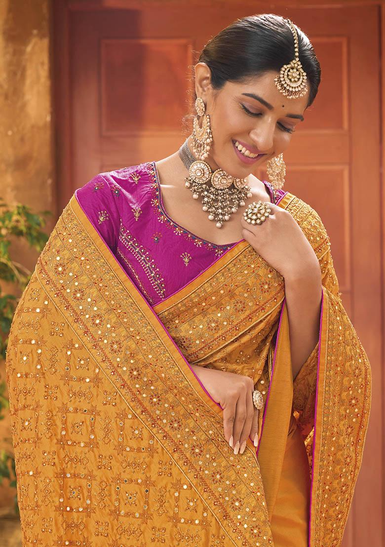 Mustard Yellow Woven Banarasi Silk Saree Set