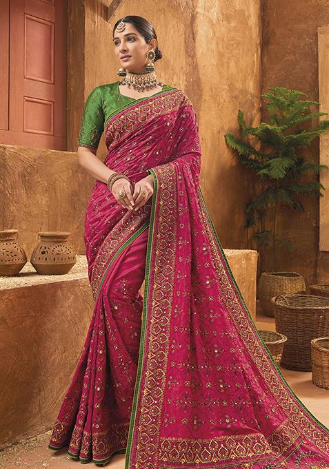 Pink Woven Banarasi Silk Saree Set