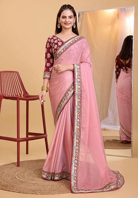 Pink Embroidered Organza Saree Set