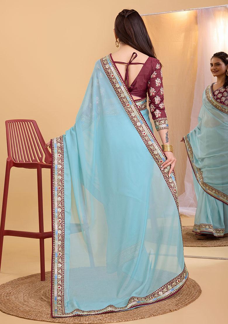 Sky Blue Embroidered Organza Saree Set