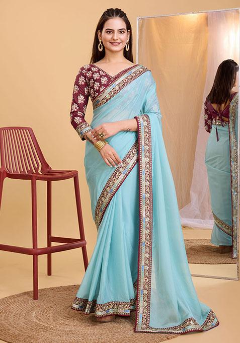 Sky Blue Embroidered Organza Saree Set