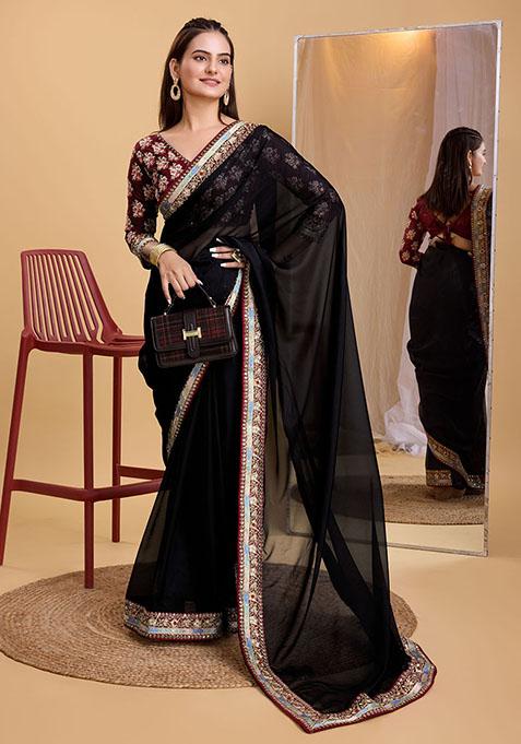 Black Embroidered Organza Saree Set