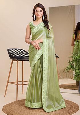 Pista Green Embroidered Jimmy Choo Silk Saree Set