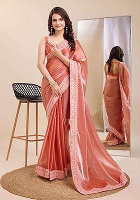 Salmon Embroidered Jimmy Choo Silk Saree Set
