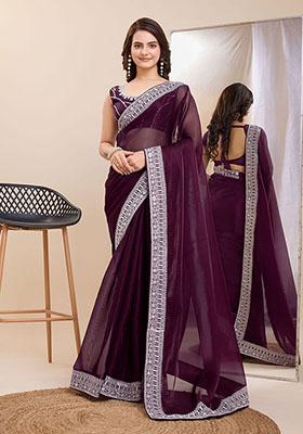 Wine Embroidered Jimmy Choo Silk Saree Set
