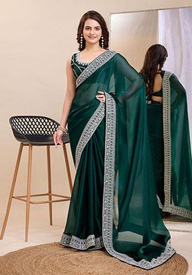 Teal Embroidered Jimmy Choo Silk Saree Set