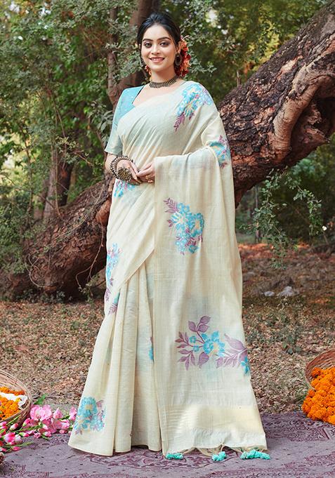 White Woven Cotton Saree Set