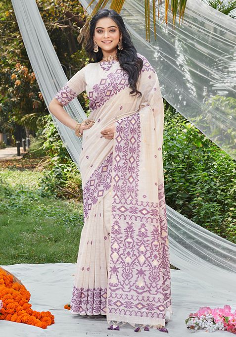 Purple Woven Printed Cotton Saree Set